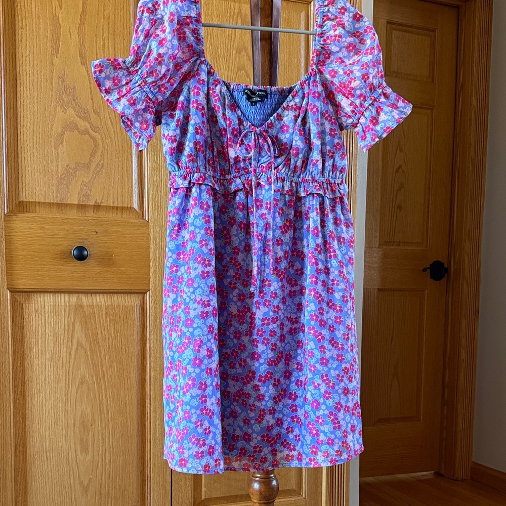 Floral Puff-Sleeve Mini Dress - Pink & Blue